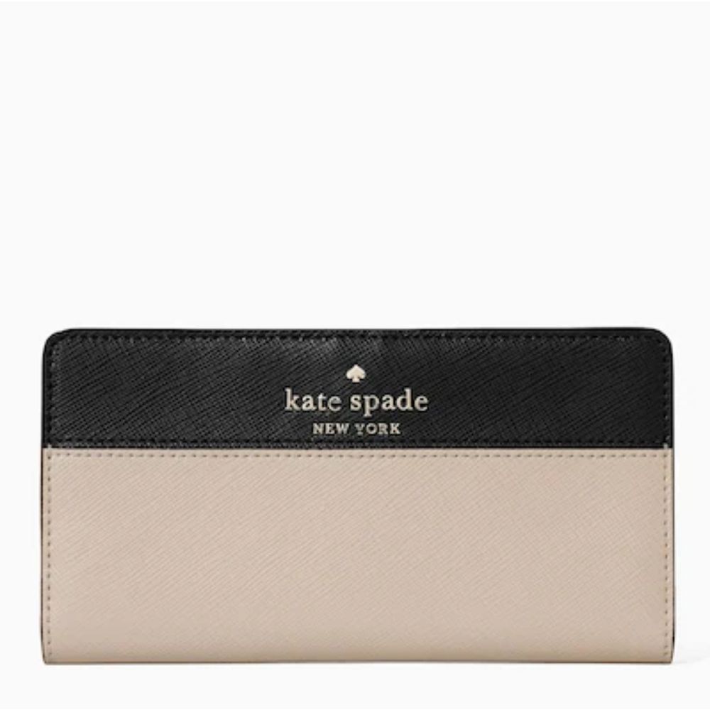 Kate Spade ♠️ Staci Large Slim Bifold Wallet Warm Beige and Black